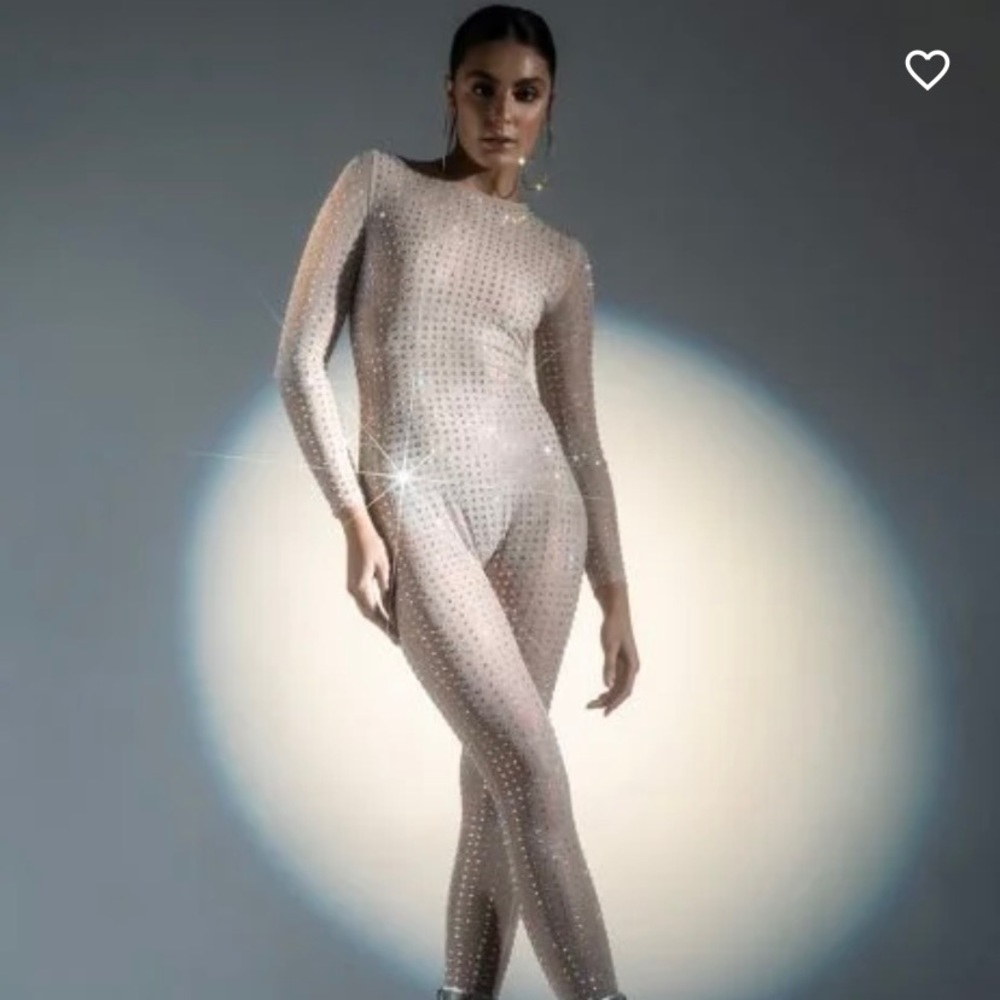 AKIRA Rhinestone Mesh Jumpsuit Bodysuit Catsuit Nude